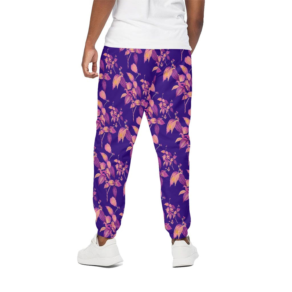 Purple Tropical Hawaiian Pattern Print Cotton Pants