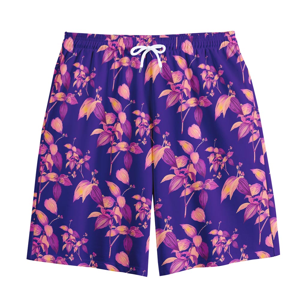 Purple Tropical Hawaiian Pattern Print Cotton Shorts