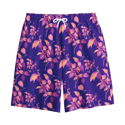 Purple Tropical Hawaiian Pattern Print Cotton Shorts