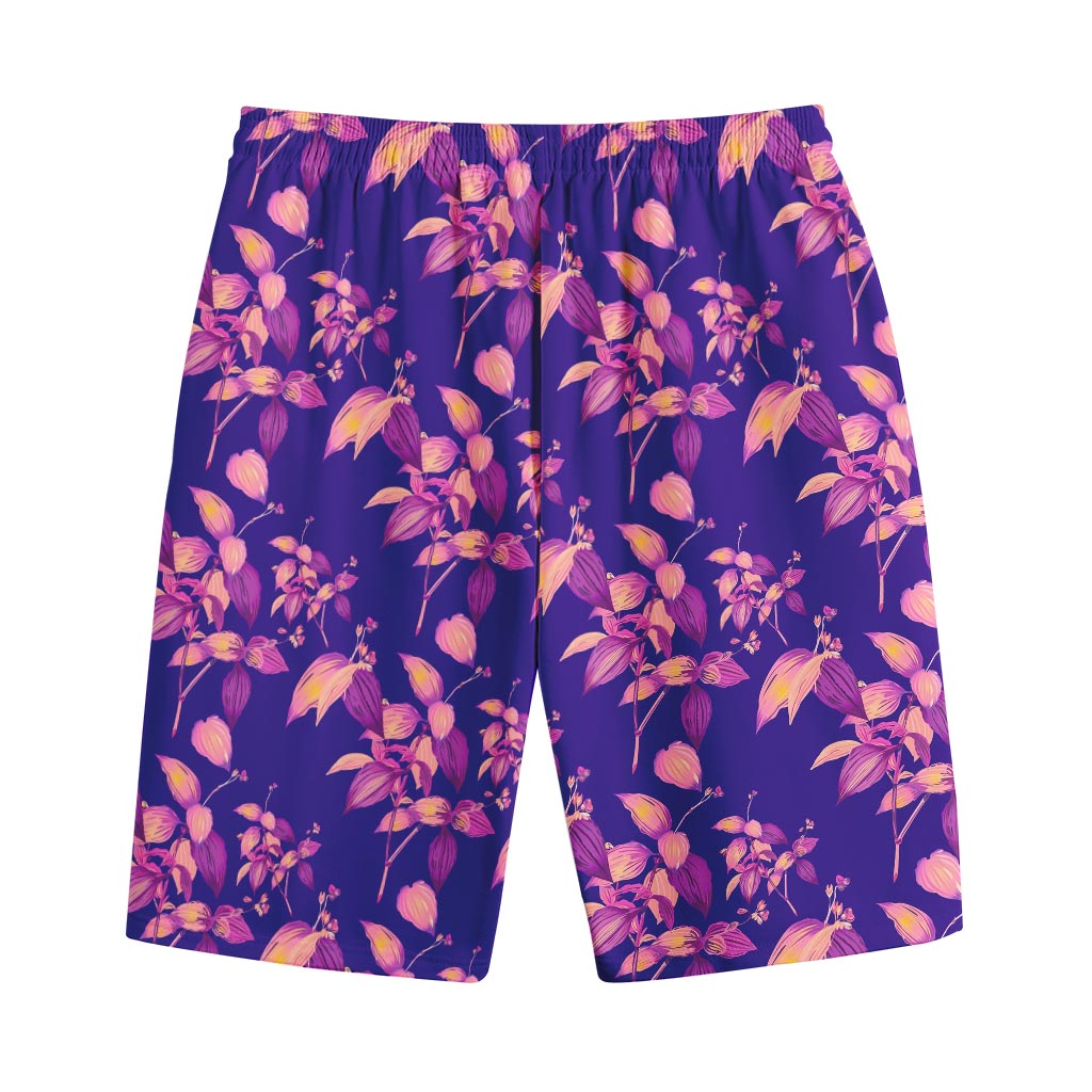 Purple Tropical Hawaiian Pattern Print Cotton Shorts