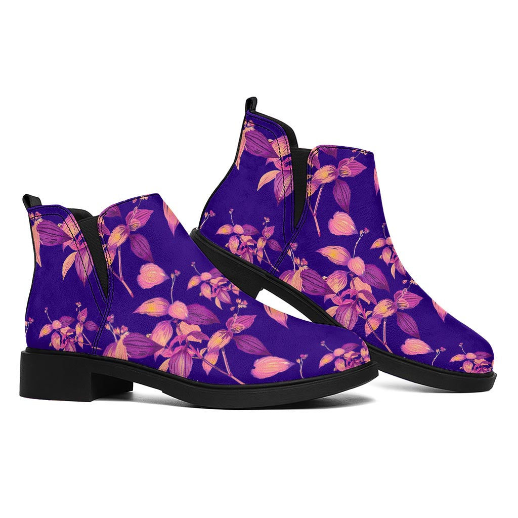 Purple Tropical Hawaiian Pattern Print Flat Ankle Boots