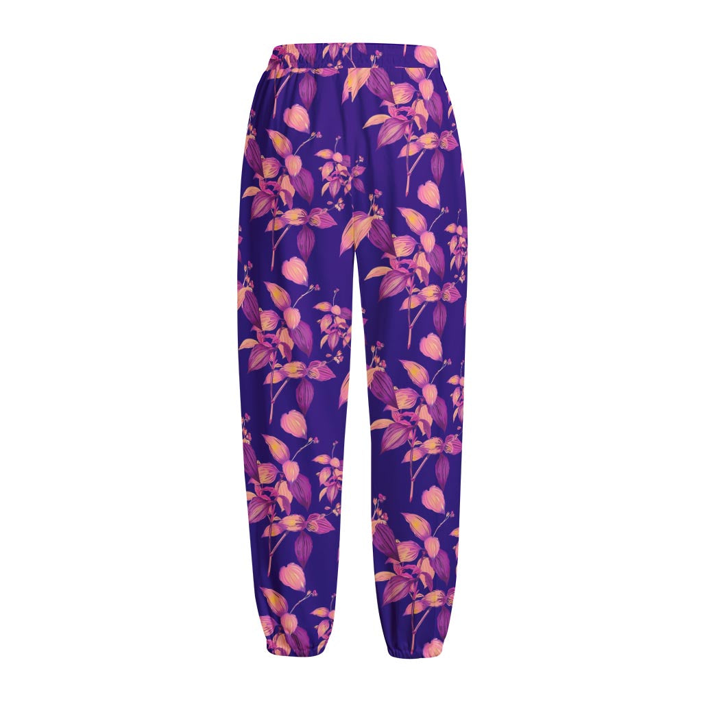 Purple Tropical Hawaiian Pattern Print Fleece Lined Knit Pants