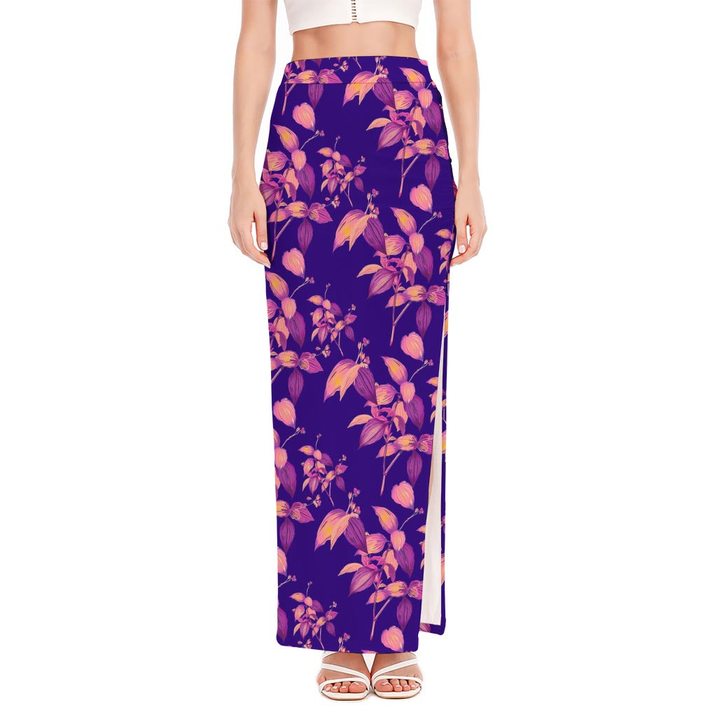 Purple Tropical Hawaiian Pattern Print High Slit Maxi Skirt