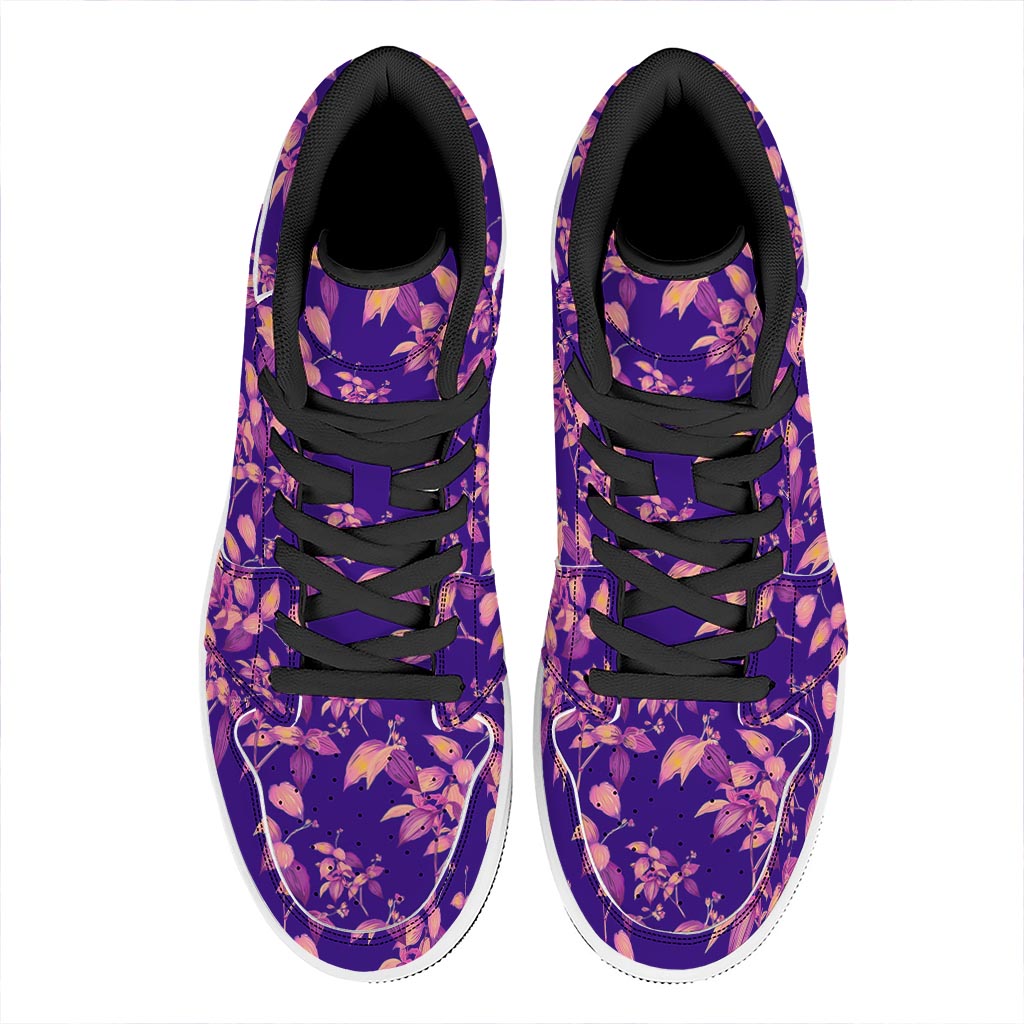 Purple Tropical Hawaiian Pattern Print High Top Leather Sneakers