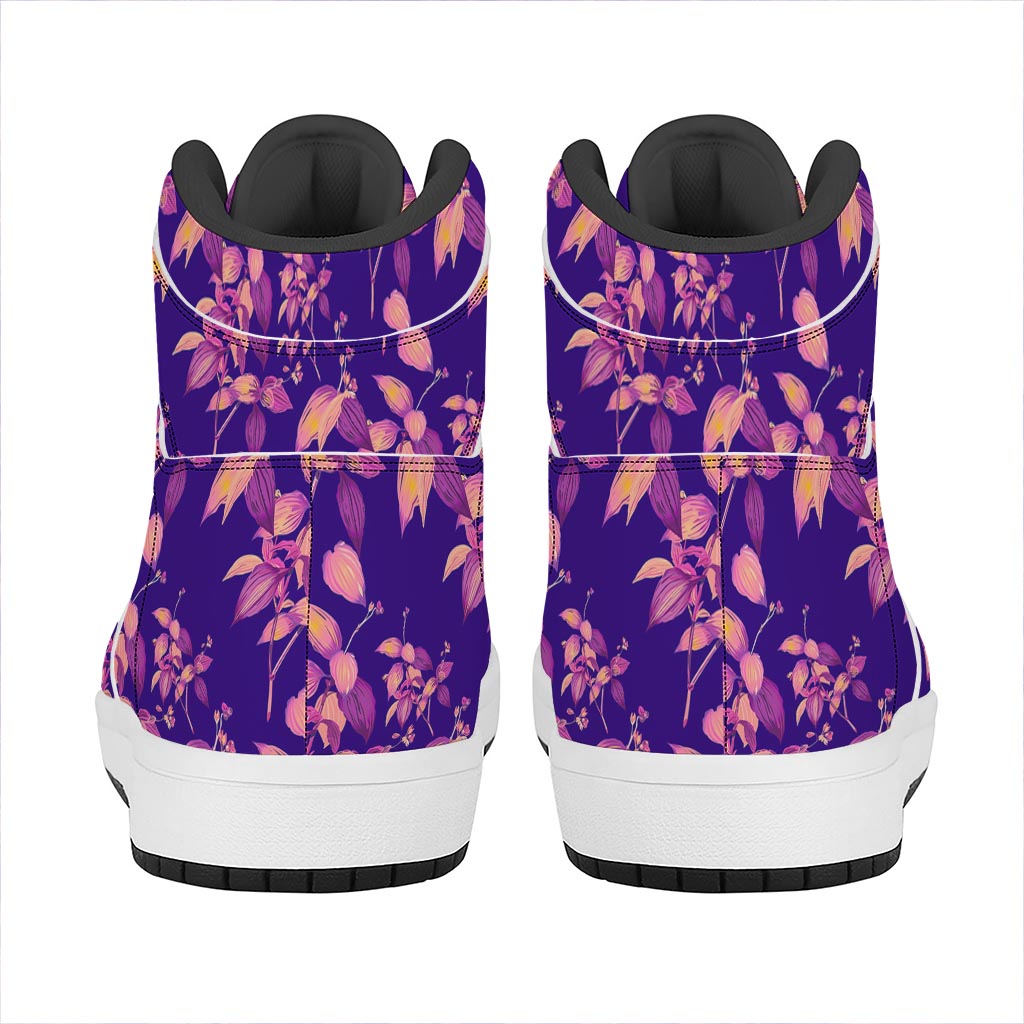 Purple Tropical Hawaiian Pattern Print High Top Leather Sneakers