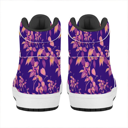Purple Tropical Hawaiian Pattern Print High Top Leather Sneakers