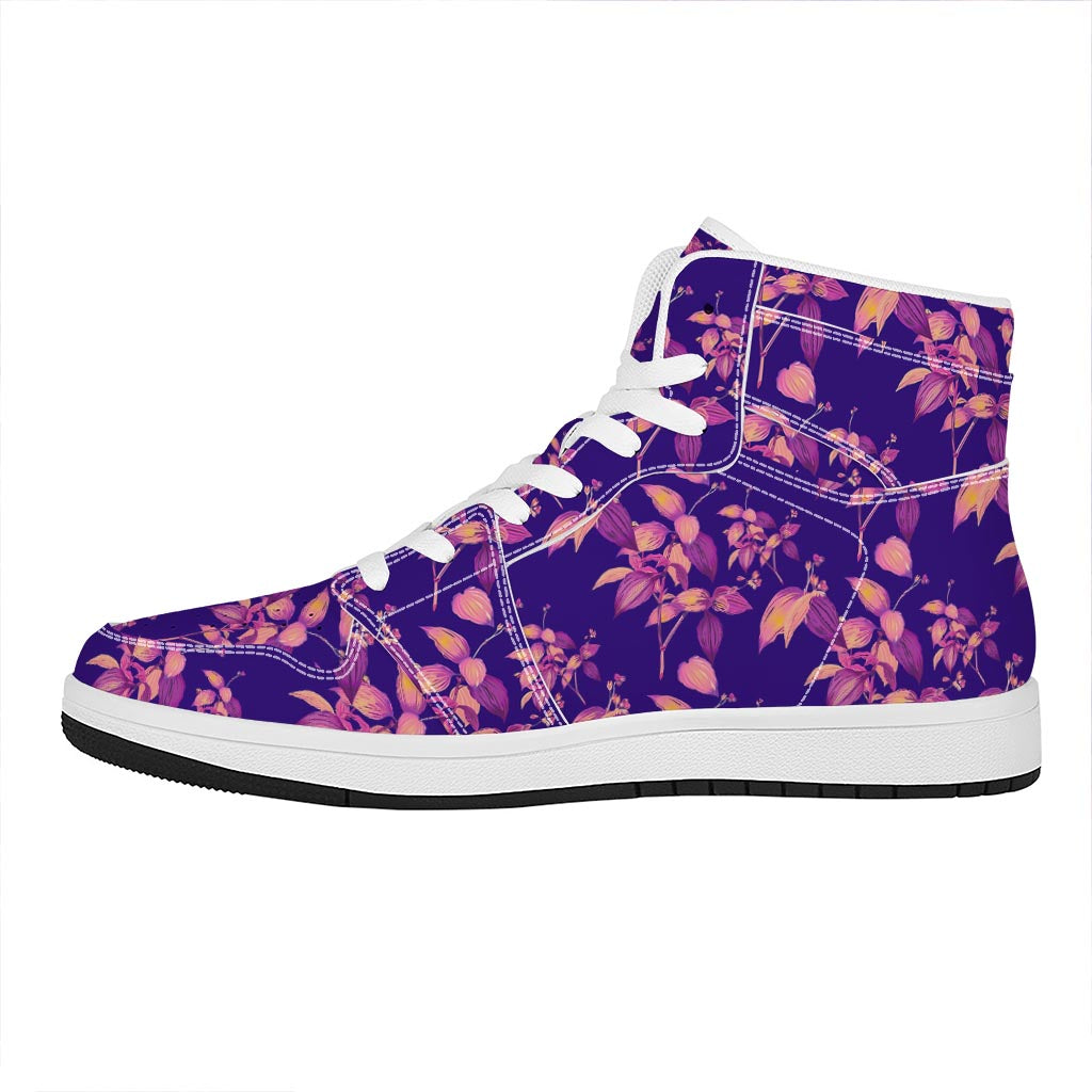 Purple Tropical Hawaiian Pattern Print High Top Leather Sneakers