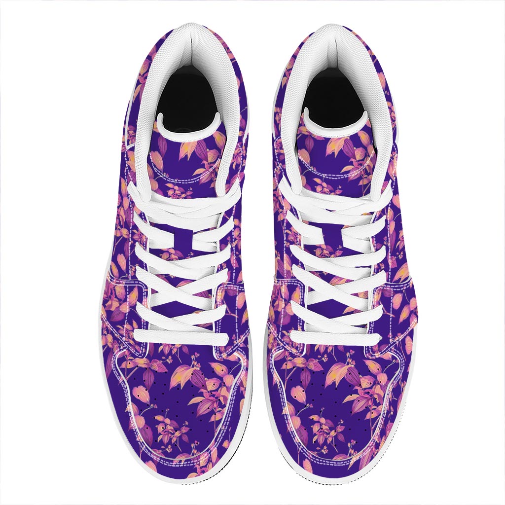 Purple Tropical Hawaiian Pattern Print High Top Leather Sneakers