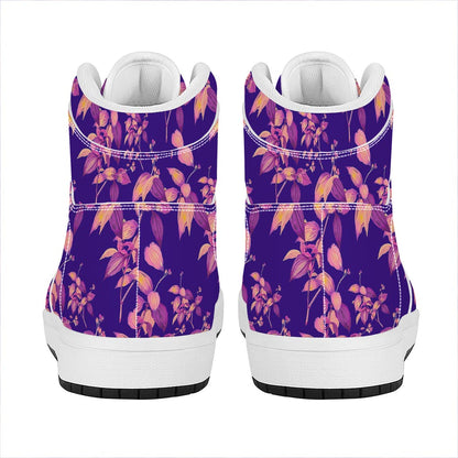 Purple Tropical Hawaiian Pattern Print High Top Leather Sneakers