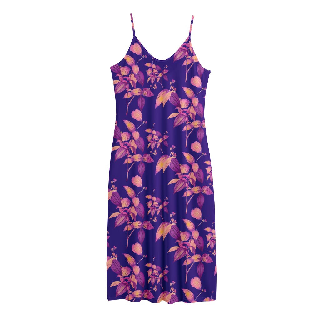 Purple Tropical Hawaiian Pattern Print Jersey Midi Cami Dress