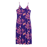 Purple Tropical Hawaiian Pattern Print Jersey Midi Cami Dress