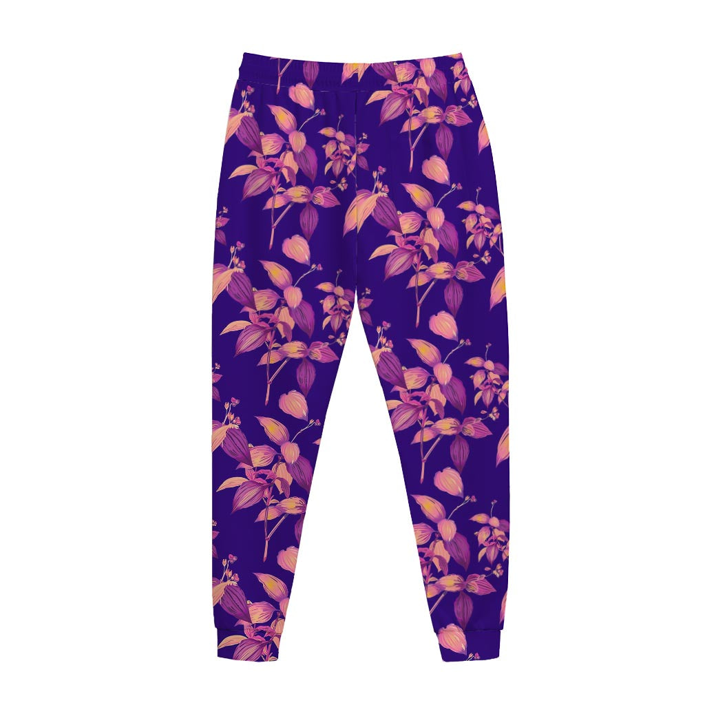 Purple Tropical Hawaiian Pattern Print Jogger Pants