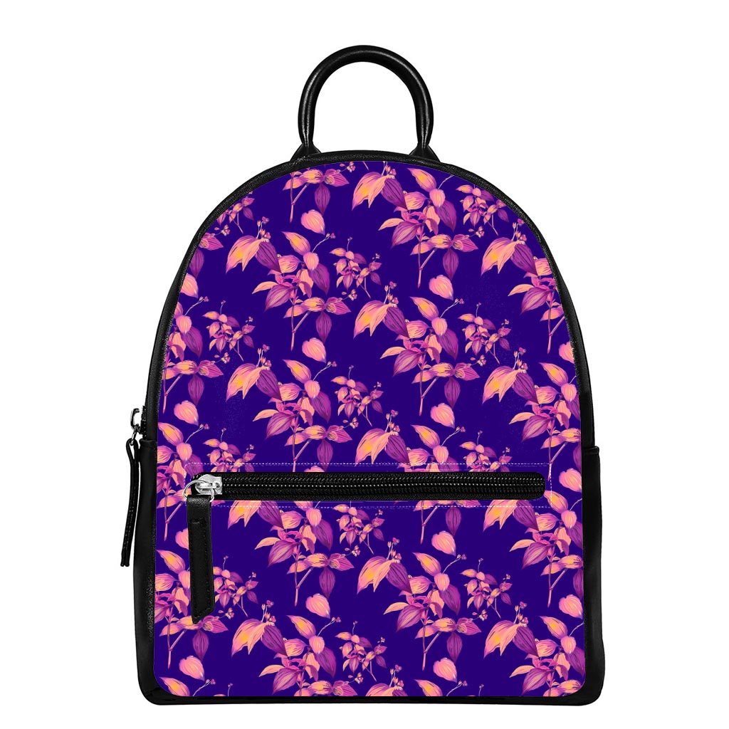 Purple Tropical Hawaiian Pattern Print Leather Backpack