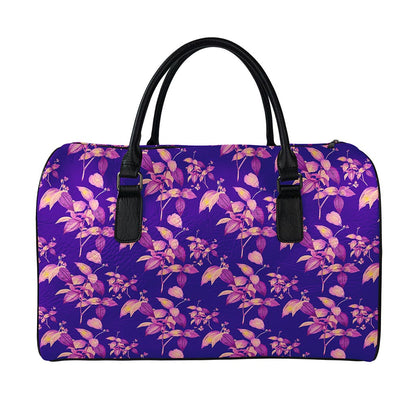 Purple Tropical Hawaiian Pattern Print Leather Duffle Bag