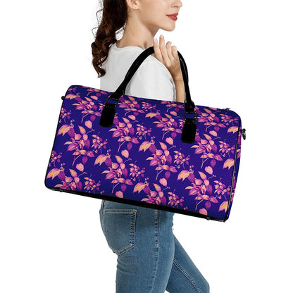 Purple Tropical Hawaiian Pattern Print Leather Duffle Bag