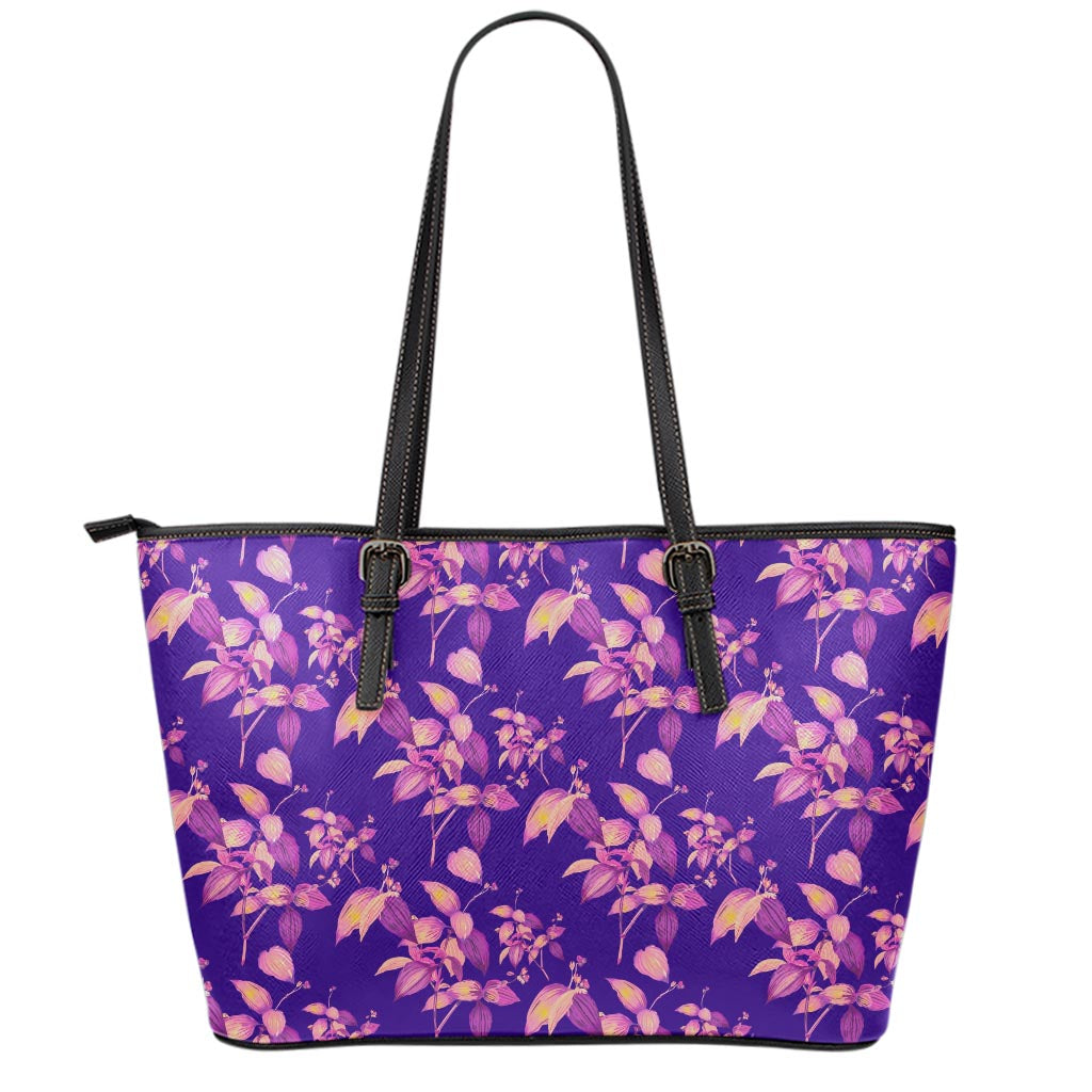 Purple Tropical Hawaiian Pattern Print Leather Tote Bag