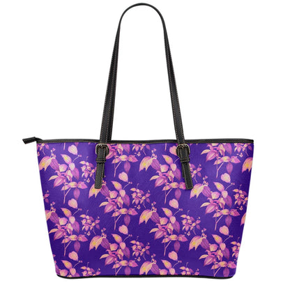 Purple Tropical Hawaiian Pattern Print Leather Tote Bag