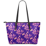 Purple Tropical Hawaiian Pattern Print Leather Tote Bag