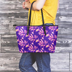 Purple Tropical Hawaiian Pattern Print Leather Tote Bag