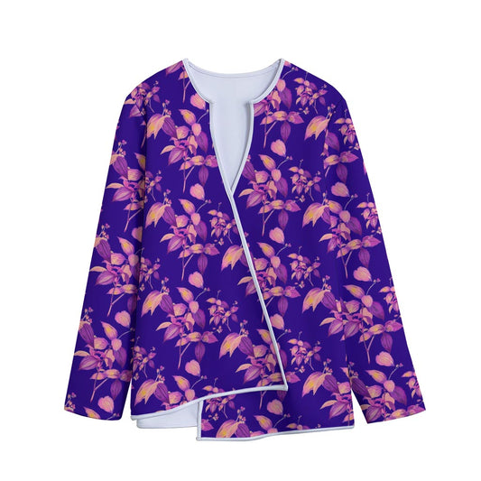 Purple Tropical Hawaiian Pattern Print Long Sleeve Short Coat
