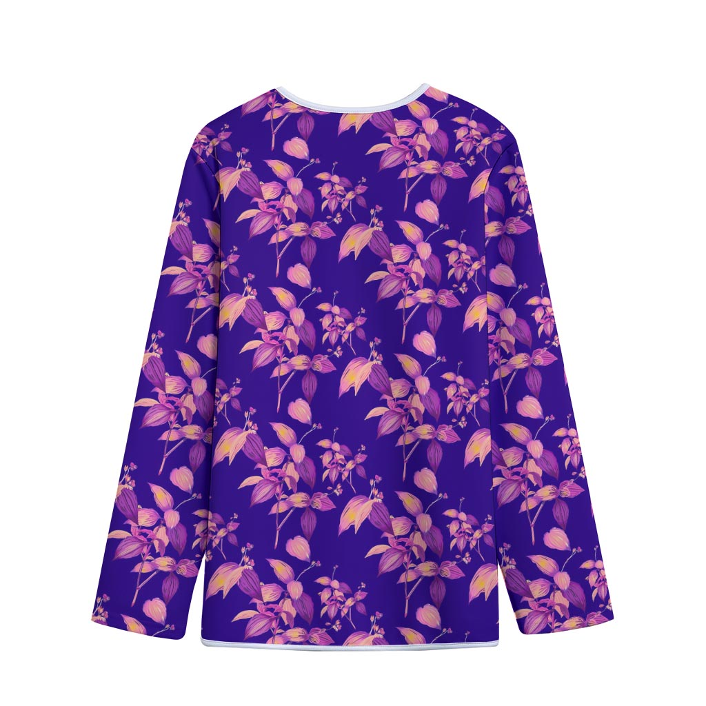 Purple Tropical Hawaiian Pattern Print Long Sleeve Short Coat