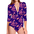 Purple Tropical Hawaiian Pattern Print Long Sleeve Swimsuit