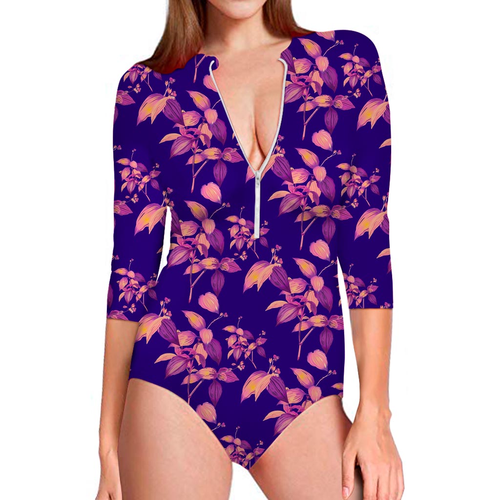 Purple Tropical Hawaiian Pattern Print Long Sleeve Swimsuit