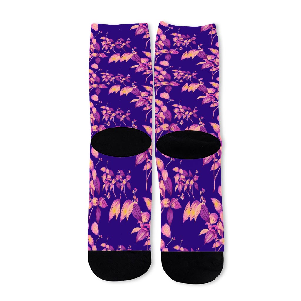Purple Tropical Hawaiian Pattern Print Long Socks