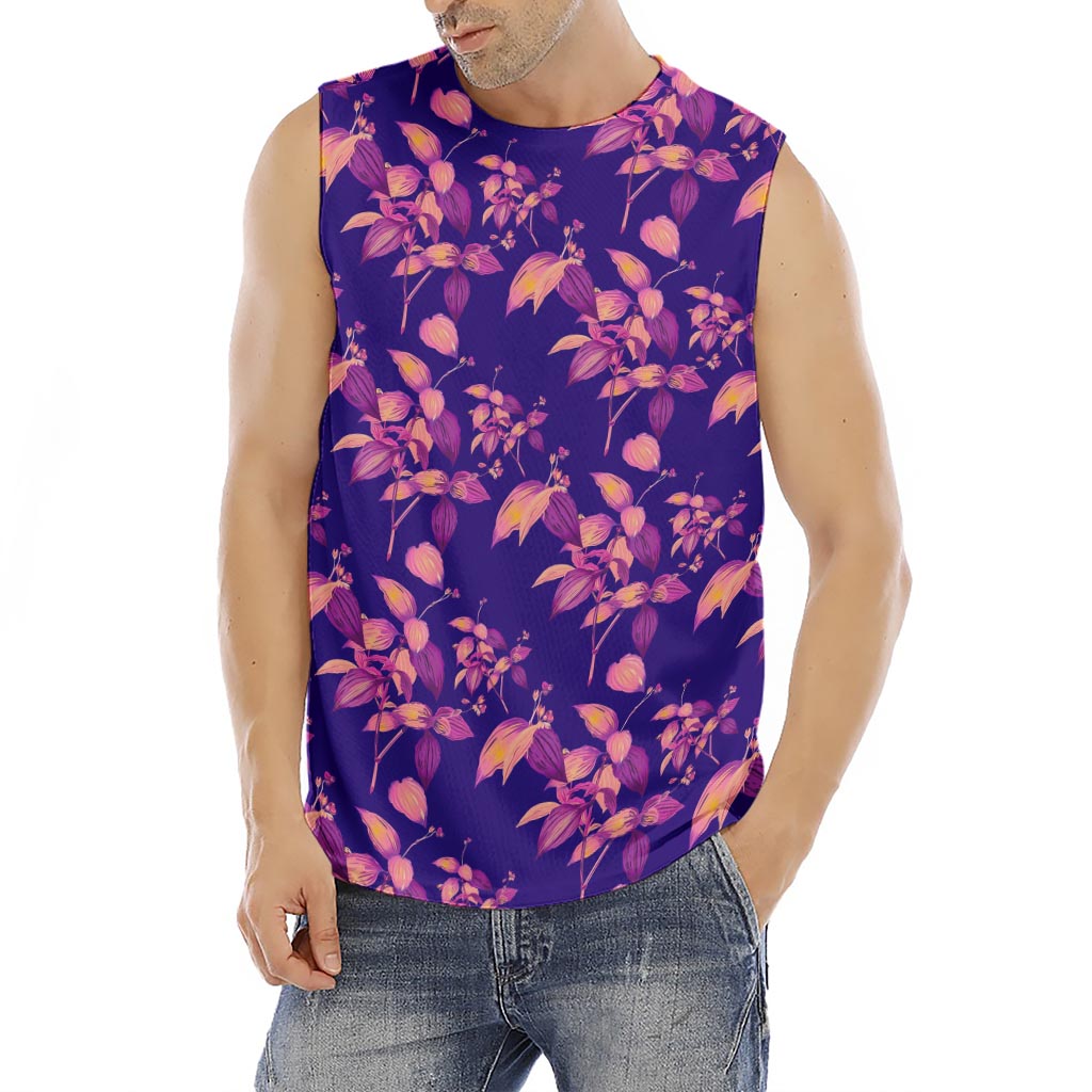 Purple Tropical Hawaiian Pattern Print Men's Fitness Tank Top