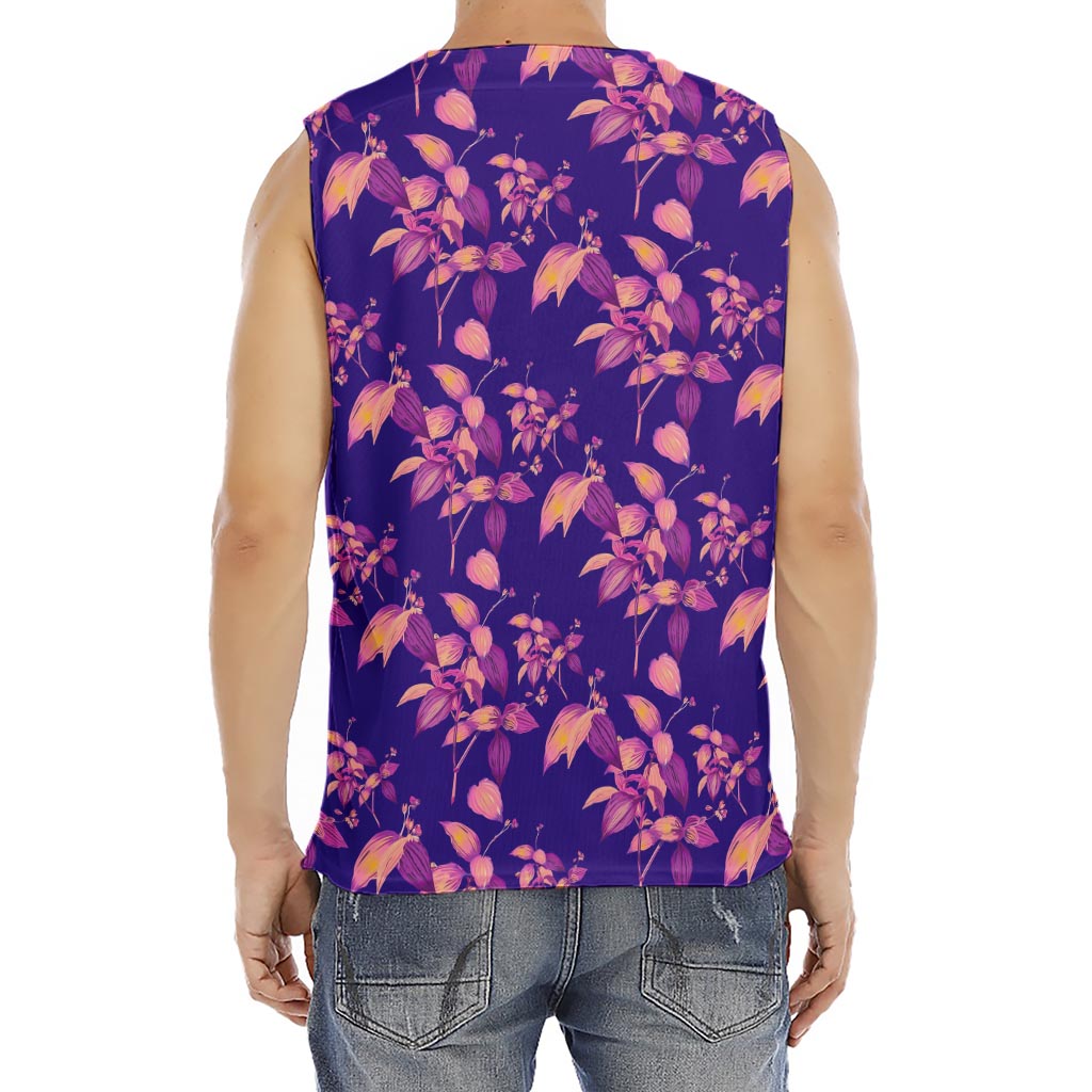 Purple Tropical Hawaiian Pattern Print Men's Fitness Tank Top