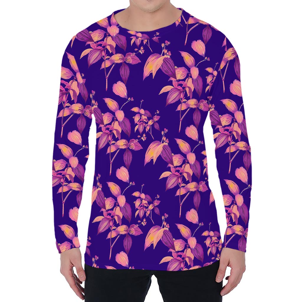 Purple Tropical Hawaiian Pattern Print Men's Long Sleeve T-Shirt