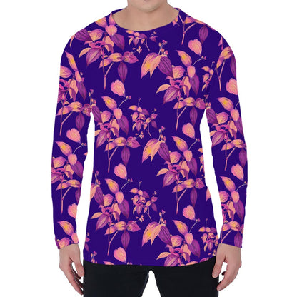 Purple Tropical Hawaiian Pattern Print Men's Long Sleeve T-Shirt