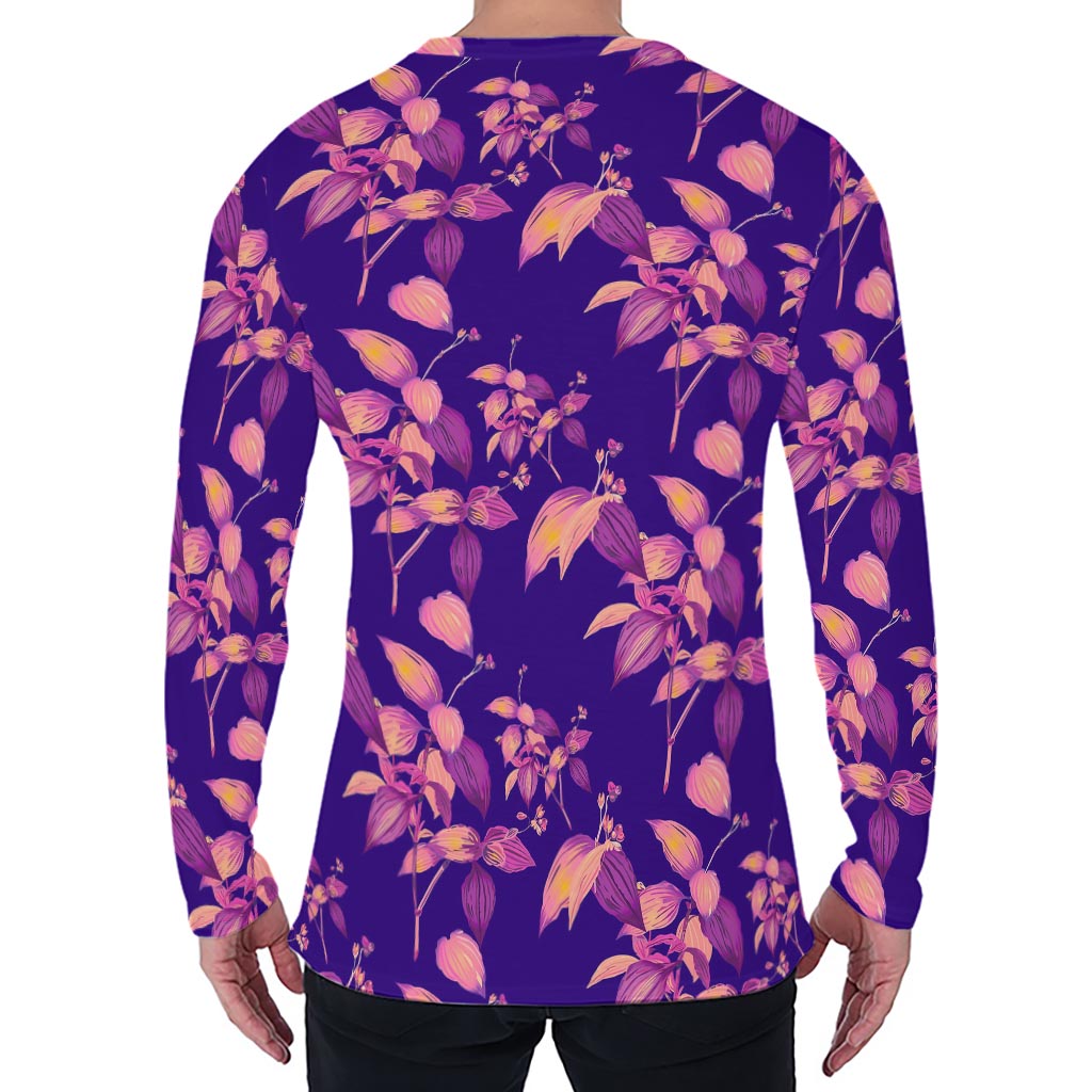 Purple Tropical Hawaiian Pattern Print Men's Long Sleeve T-Shirt