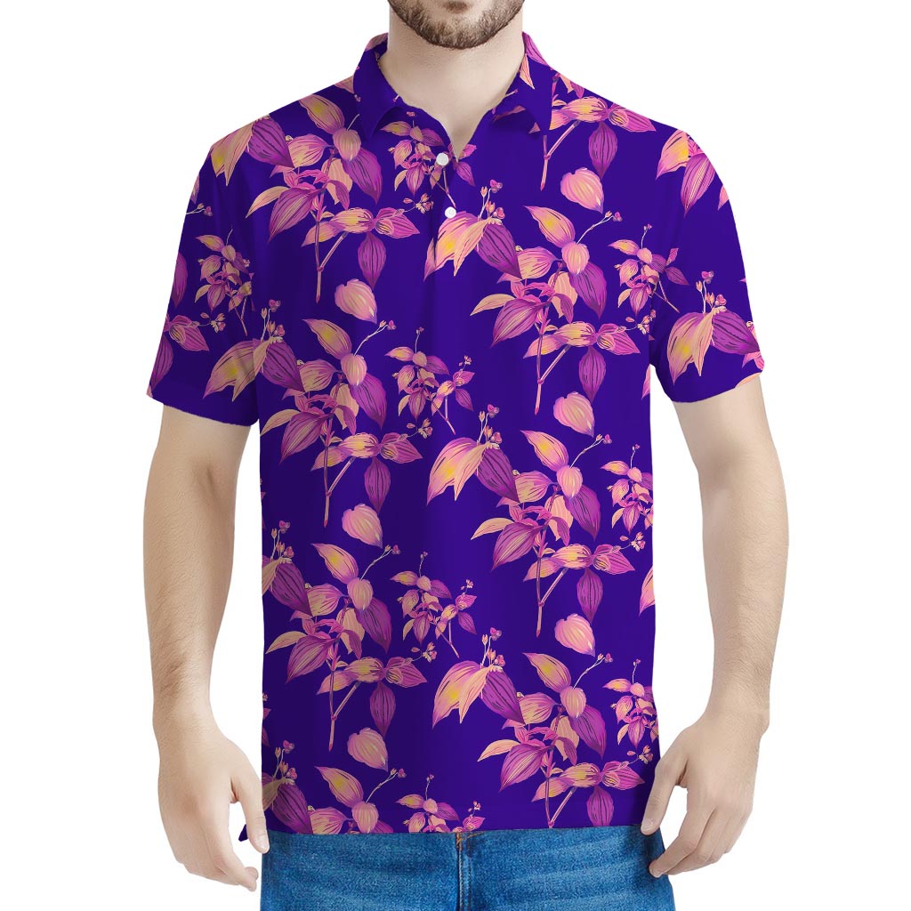 Purple Tropical Hawaiian Pattern Print Men's Polo Shirt