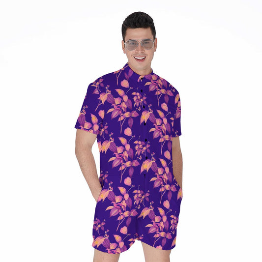Purple Tropical Hawaiian Pattern Print Men's Rompers