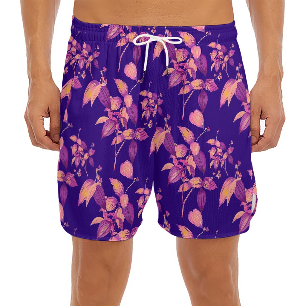 Purple Tropical Hawaiian Pattern Print Men's Split Running Shorts