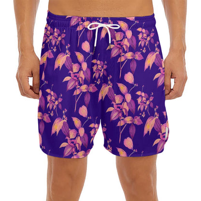 Purple Tropical Hawaiian Pattern Print Men's Split Running Shorts