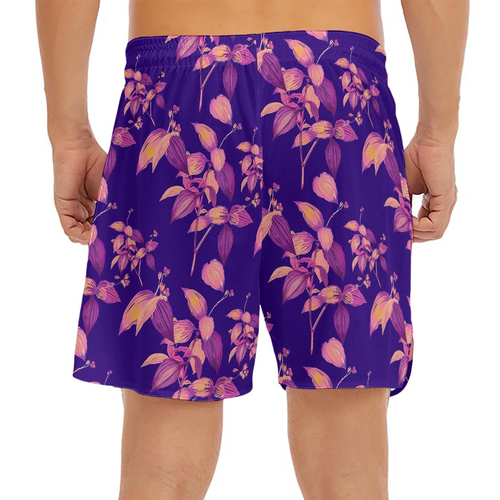 Purple Tropical Hawaiian Pattern Print Men's Split Running Shorts