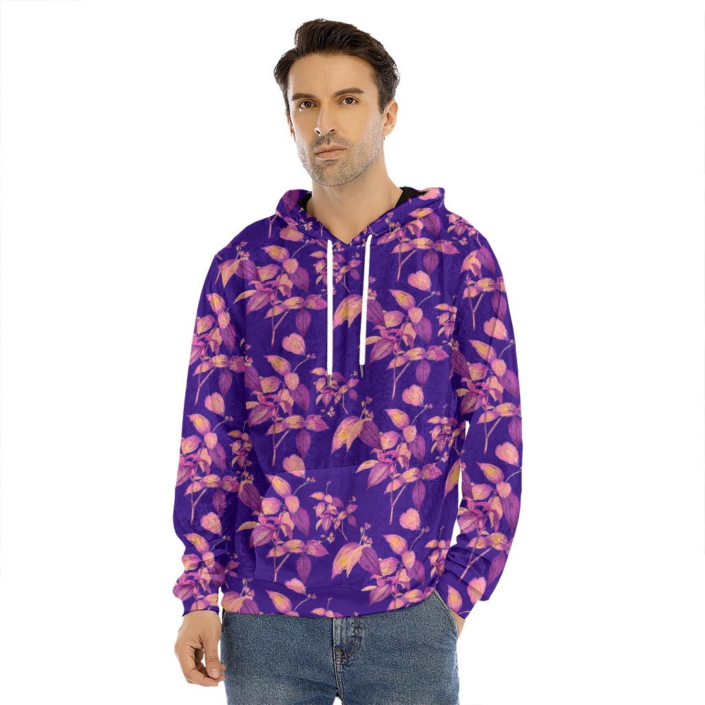 Purple Tropical Hawaiian Pattern Print Men's Velvet Pullover Hoodie