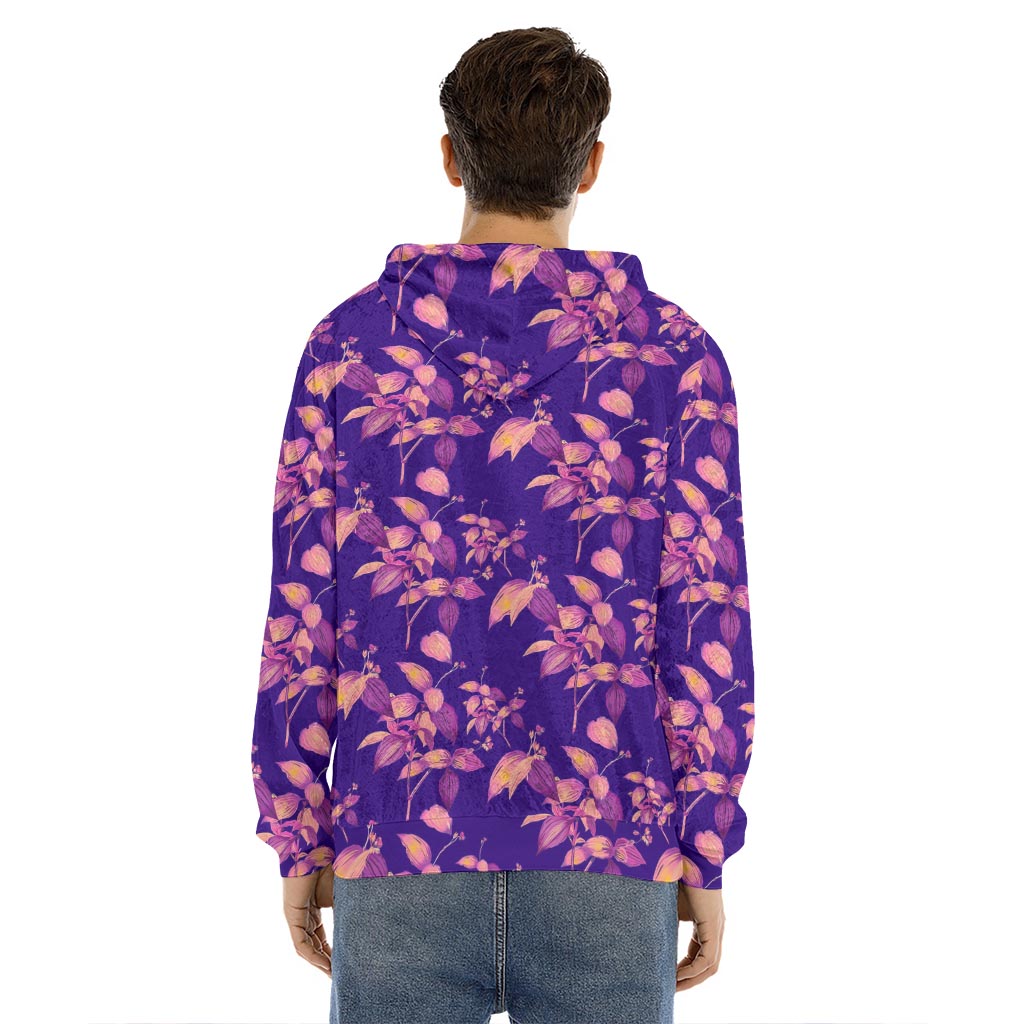 Purple Tropical Hawaiian Pattern Print Men's Velvet Pullover Hoodie