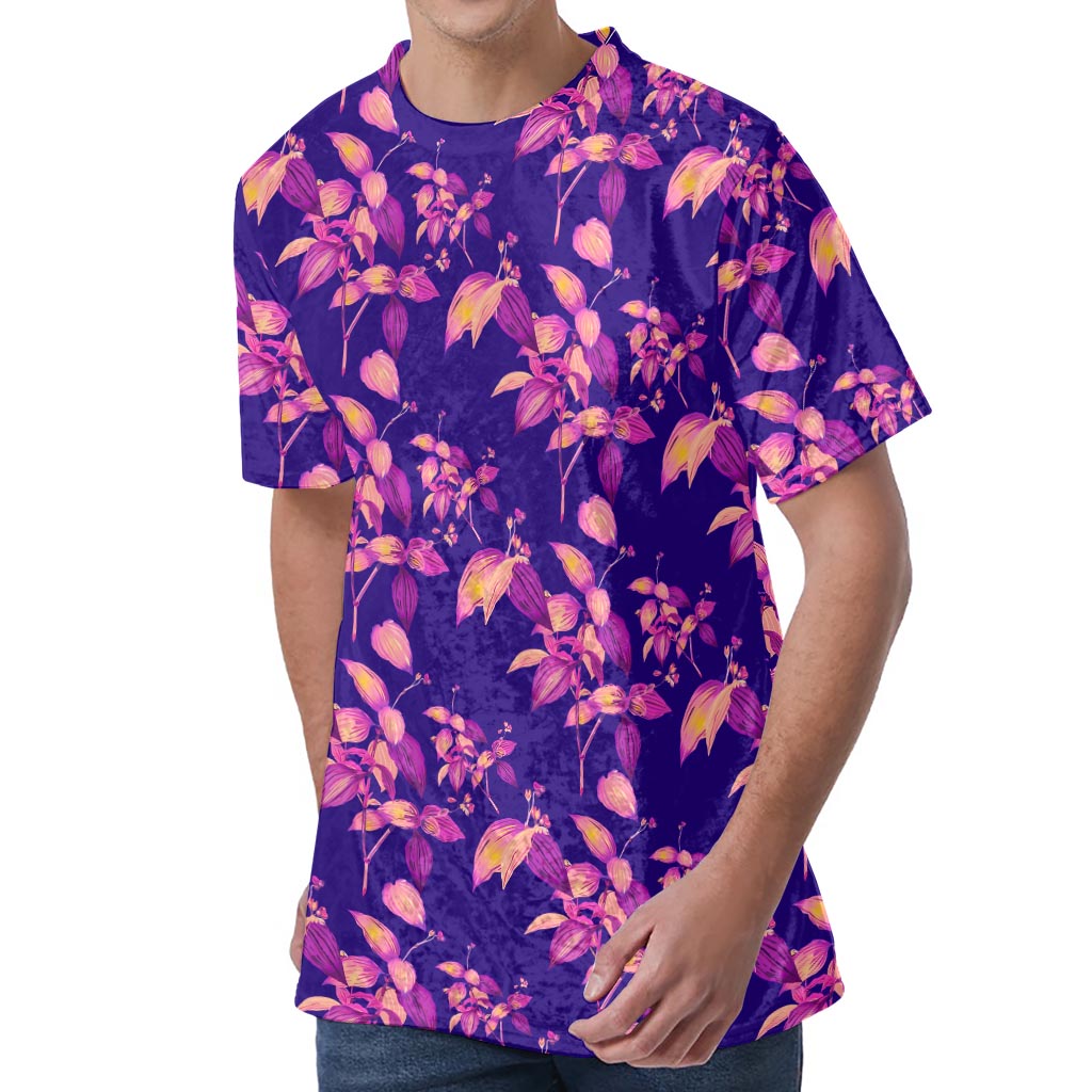 Purple Tropical Hawaiian Pattern Print Men's Velvet T-Shirt