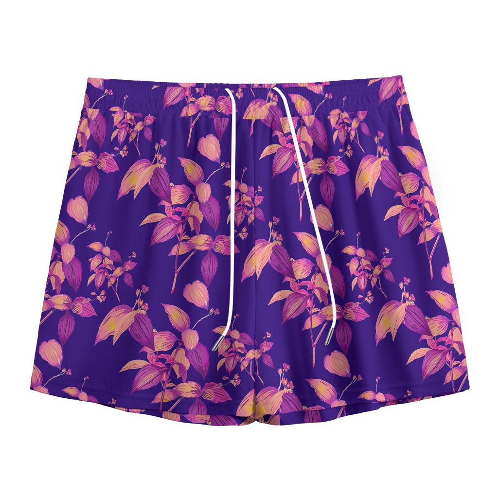 Purple Tropical Hawaiian Pattern Print Mesh Shorts