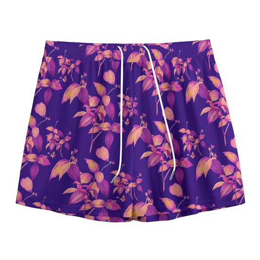 Purple Tropical Hawaiian Pattern Print Mesh Shorts