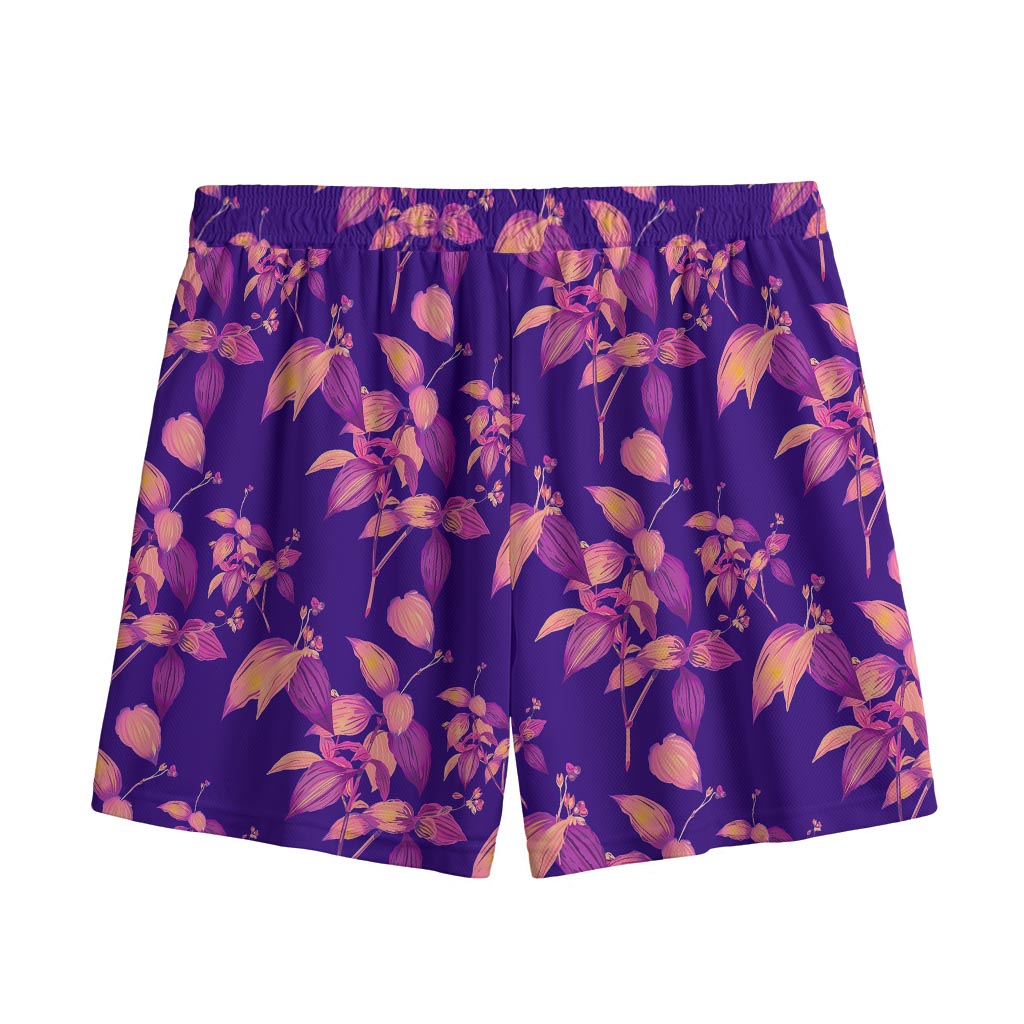 Purple Tropical Hawaiian Pattern Print Mesh Shorts