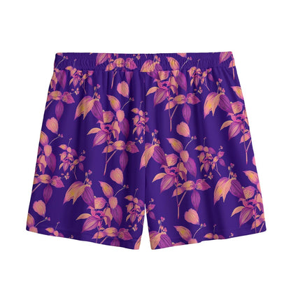 Purple Tropical Hawaiian Pattern Print Mesh Shorts