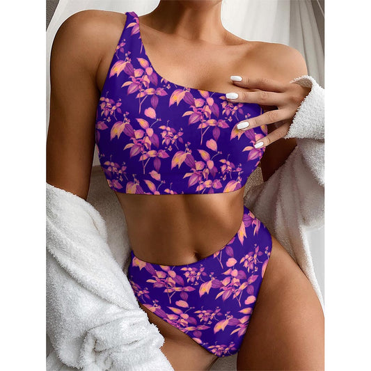 Purple Tropical Hawaiian Pattern Print One Shoulder Bikini Top