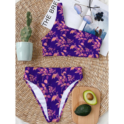 Purple Tropical Hawaiian Pattern Print One Shoulder Bikini Top