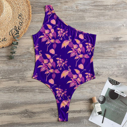 Purple Tropical Hawaiian Pattern Print One Shoulder Bodysuit