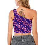 Purple Tropical Hawaiian Pattern Print One Shoulder Crop Top