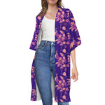 Purple Tropical Hawaiian Pattern Print Open Front Beach Cover Up